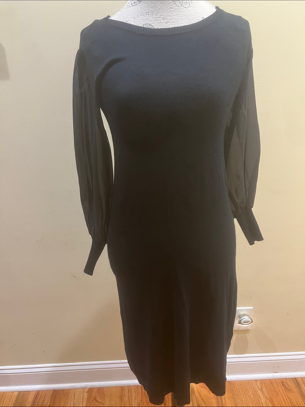 Allison Brittney Black Long Sleeve Midi Dress with Sheer Sleeves